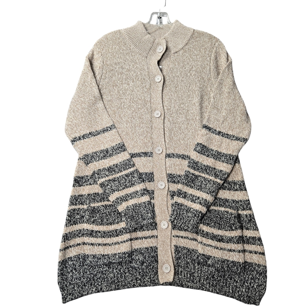 Liz Claiborne Marled Knit Striped Cardigan Sweater Mock Neck Longline Pockets